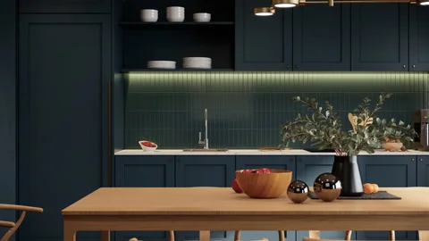 Modern interior of kitchen-dining room. 3d visualization rendering zoom out Stock Footage 237504484