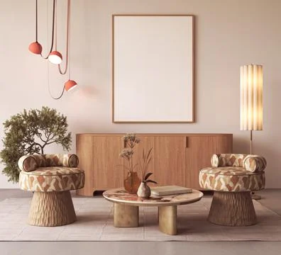 Modern interior mockup with blank poster frame and patterned armchairs Stock Illustration