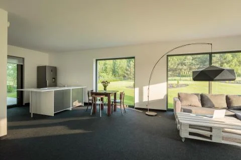 Modern interior with open floor plan Stock Photos