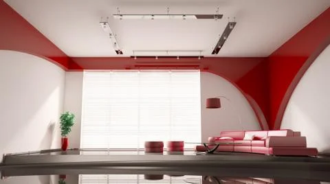 Modern interior with red sofa 3d Stock Illustration