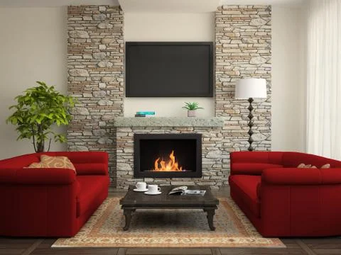 Modern interior with red sofas and fireplace 스톡 일러스트