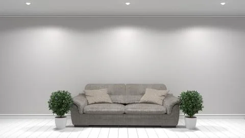Modern interior room with sofa and green plants in white room,3d rendering Stock-Illustration