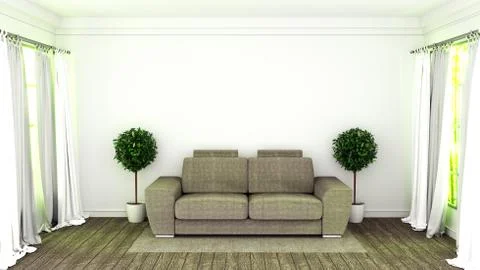 Modern interior room with sofa and green plants in white room,3d rendering Stock Illustration