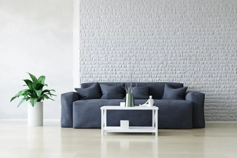 Modern Interior Room with Sofa and Table near the Brick Wall. Stock Photos