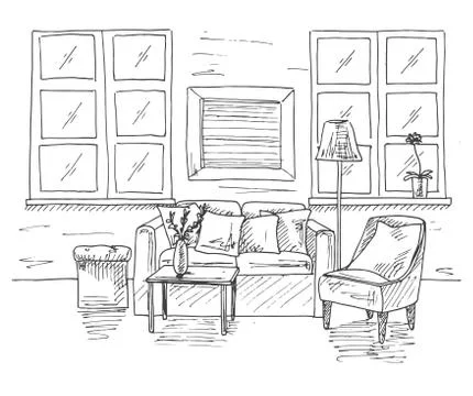 Modern interior of the room. Sofa, in front of the sofa is a table. Stock Illustration