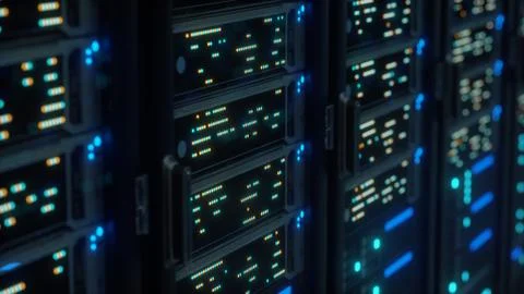 Modern interior server room data center. Connection and cyber network in dark se Stock Illustration