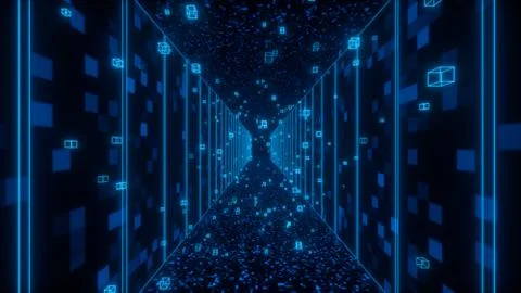 Modern interior server room data center. Connection and cyber network in dark se Stock Illustration