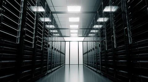 Modern interior server room data center. Connection and cyber network in dark Stock Illustration