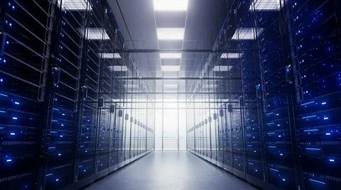 Modern interior server room data center. Connection and cyber network in dark Stock Illustration