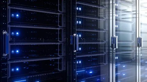 Modern interior server room data center. Connection and cyber network in dark Stock Illustration