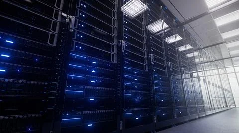 Modern interior server room data center. Connection and cyber network in dark Stock Illustration