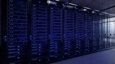 Modern interior server room data center. Connection and cyber network in dark Stock Illustration