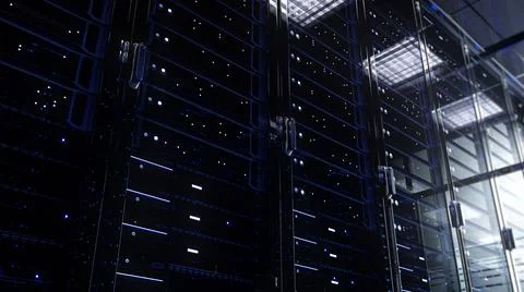 Modern interior server room data center. Connection and cyber network in dark Stock Illustration