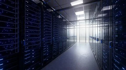 Modern interior server room data center. Connection and cyber network in dark Stock Illustration