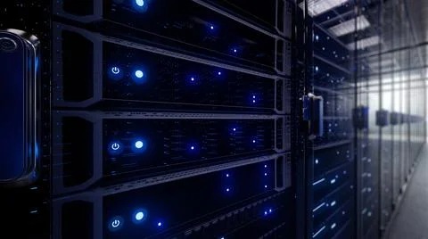 Modern interior server room data center. Connection and cyber network in dark Stock Illustration