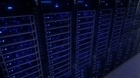 Modern interior server room data center. Connection and cyber network in dark Illustrazione stock