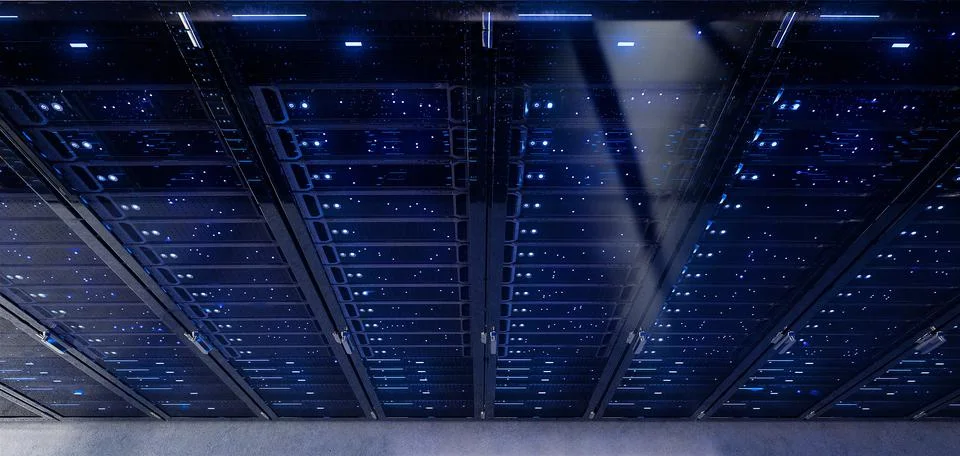 Modern interior server room data center. Connection and cyber network in dark Stock Illustration