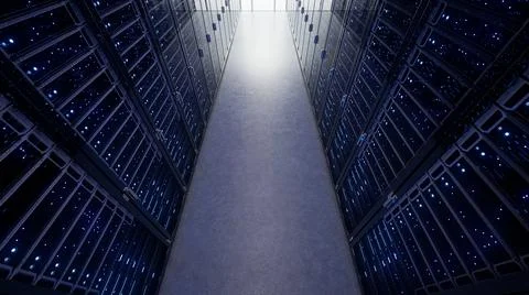 Modern interior server room data center. Connection and cyber network in dark Stock Illustration