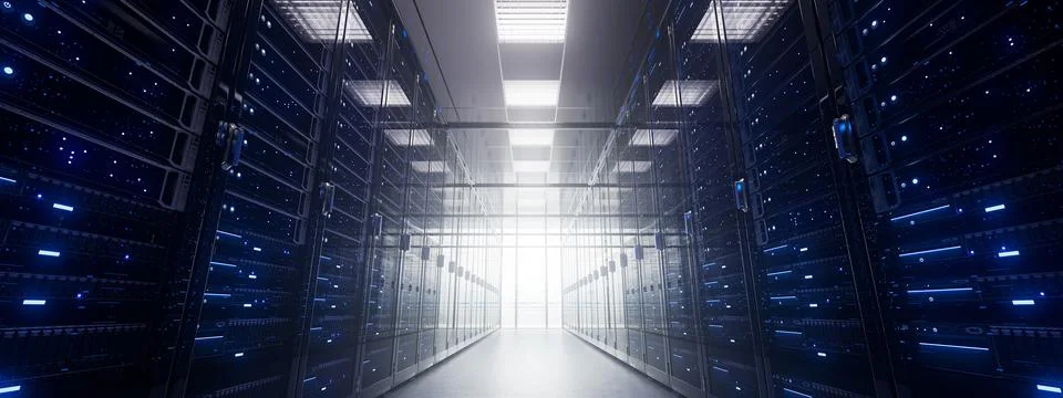 Modern interior server room data center. Connection and cyber network in dark Stock Illustration