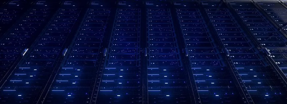 Modern interior server room data center. Connection and cyber network in dark Stock Illustration