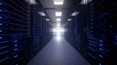 Modern interior server room data center. Connection and cyber network in dark Stock Illustration