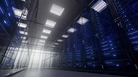 Modern interior server room data center. Connection and cyber network in dark Stock Illustration