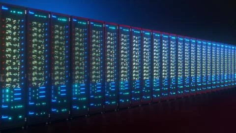 Modern interior server room data center. Connection and cyber network in dark Foto stock