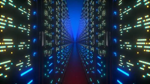 Modern interior server room data center. Connection and cyber network in dark Foto stock