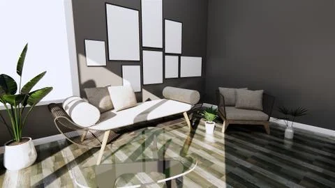 Modern interior with sofa and arm chair on room dark Wall and floor wooden ti Stock Illustration