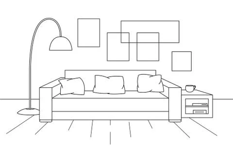 Modern interior. Sofa, floor lamp and bedside table. Stock Illustration