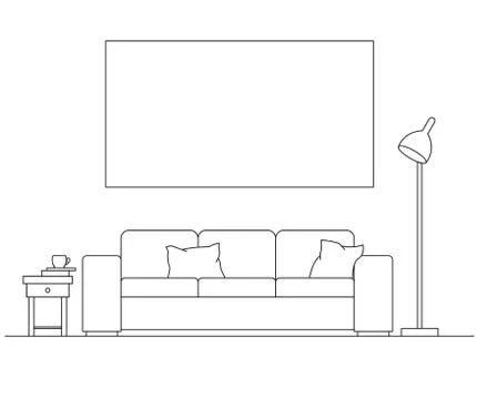 Modern interior. Sofa, floor lamp and bedside table. Frame on the wall for Fi Stock Illustration