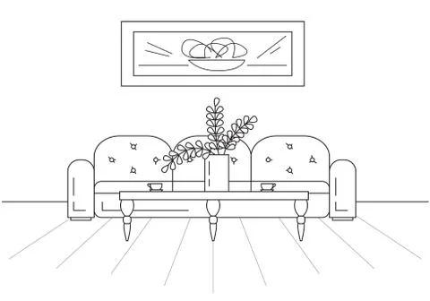 Modern interior. Sofa, table in front of the sofa. Stock Illustration