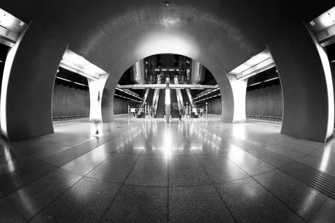 Modern interior of a subway station, poor lighting Stock Photos