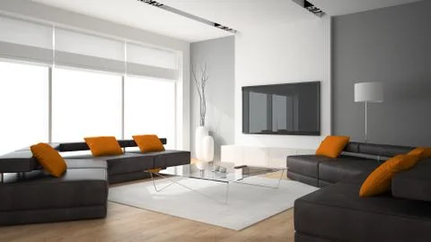 Modern interior with two sofas and ornge pillows 3D rendering Stock Illustration