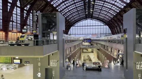 Modern interior view of Antwerp Central Station highlights. Video stock 343877569