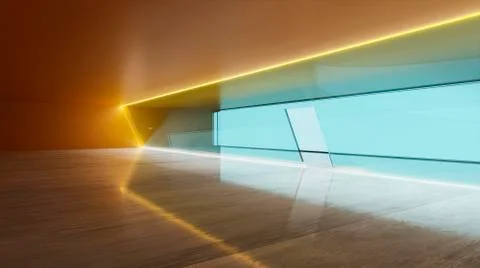 Modern interior view of orange led lighting luminaries loop glass wall facade Stock Illustration