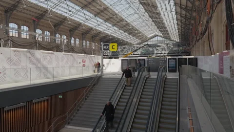Modern interior view of Paris Austerlitz station with renovation near completion Stock Footage 306573181
