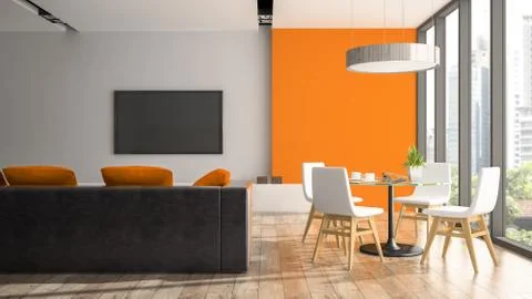 Modern interior with white chairs and orange wall 3D rendering Stock Illustration