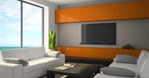 Modern interior with white sofas and seaview 스톡 일러스트