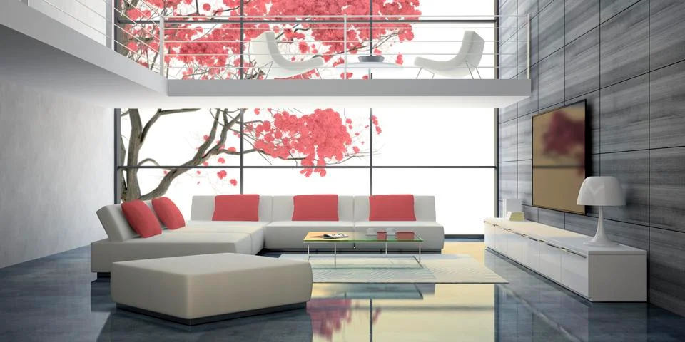 Modern interior with white sofas and pink pillows Stock Illustration