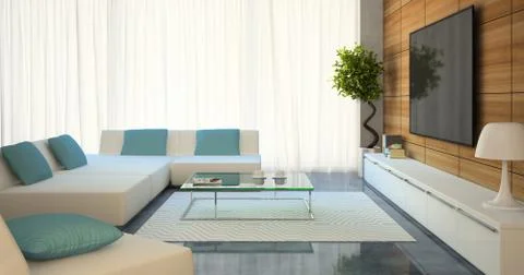Modern interior with white sofas and tv 스톡 일러스트