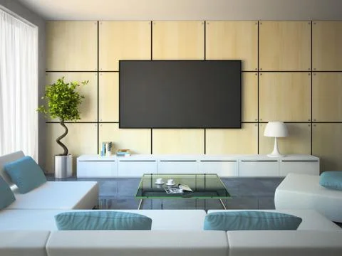 Modern interior with white sofas and blue pillows 스톡 일러스트