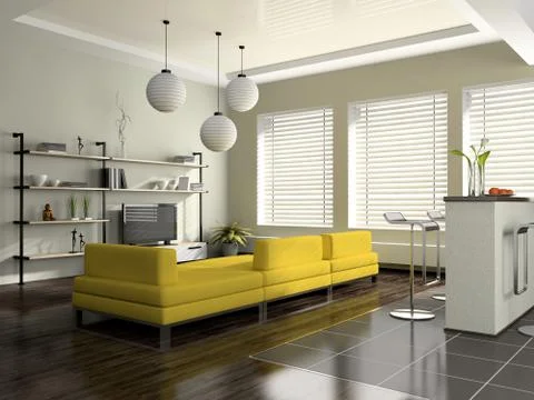 Modern interior with yellow sofa Stock Illustration