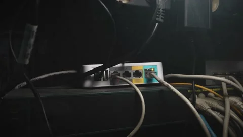 Modern Internet Network Switch With Plugged Ethernet Cables. Blinking Lights on Stock Footage 194205879