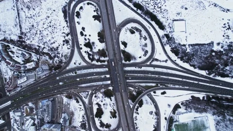 Modern Intersection Winter Morning Drone Top Down Rotate Still Life Cars People Stock Footage 237356309