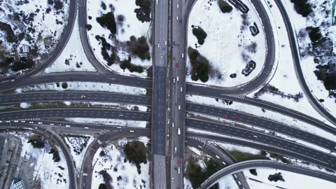 Modern Intersection Winter Morning Drone Top Down Slow Rise Still Life Cars Stock Footage 237356516