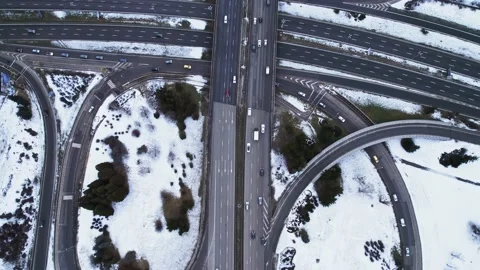 Modern Intersection Winter Morning Drone Top Down View 2 Still Life Cars People Stock Footage 237356584