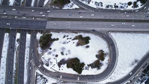 Modern Intersection Winter Morning Drone Top Down View Still Life Cars People Stock-Footage 237356606