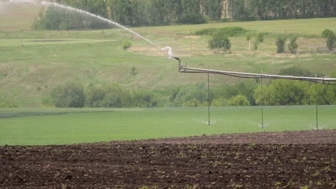 Modern irrigation pivot system sprinkling water, slow motion Stock Footage 169366245
