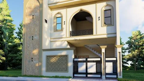 Modern Islamic Villa Architectural Rendering with Arched Details Stockillustratie